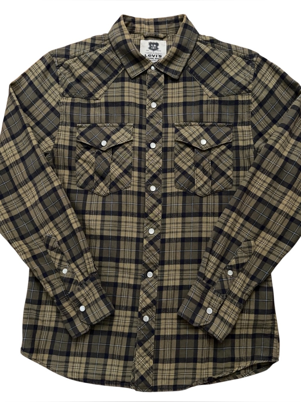 Levi's Shirt Mens S Long Sleeve Flannel Western Pearl Snap Button Plaid Brown